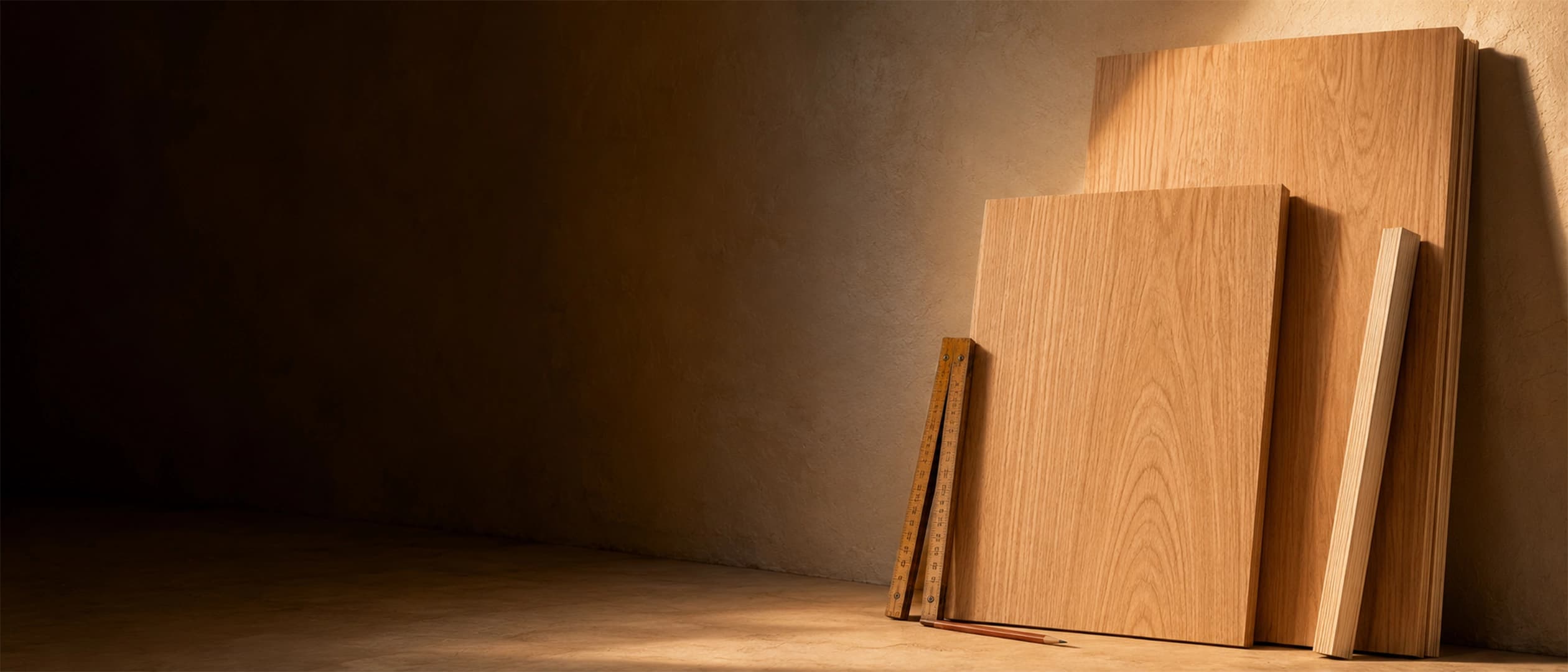 Interior-grade plywood sheets in a workshop