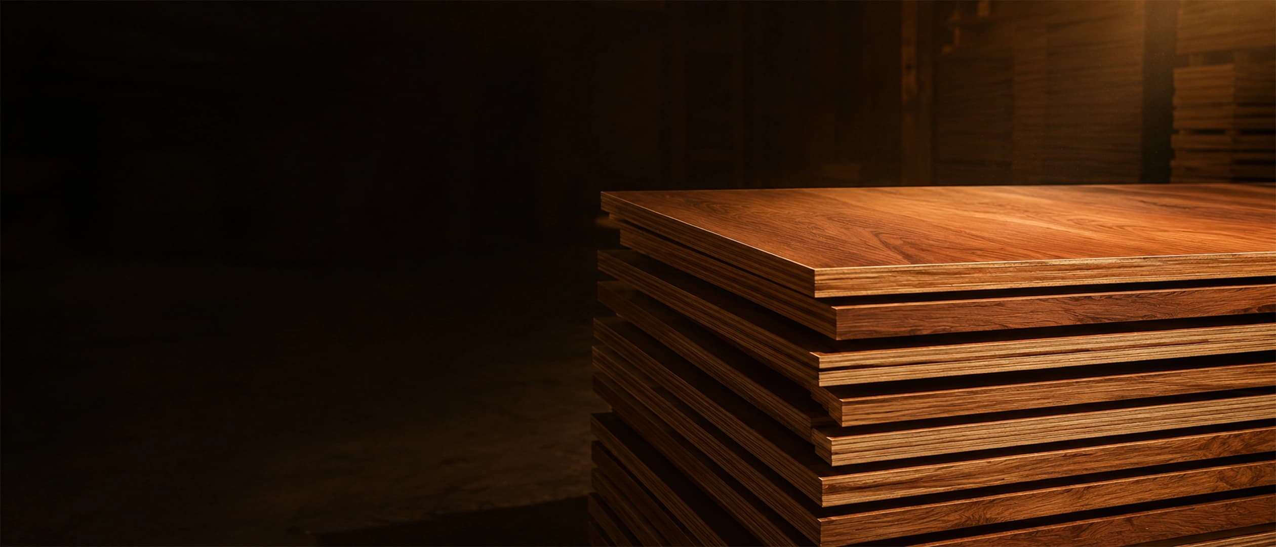 Gurjan-faced plywood sheets stacked in a warehouse