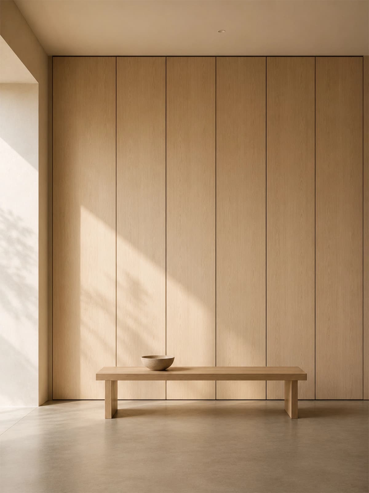 Minimal interior with handleless ash joinery